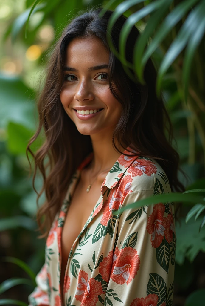 A Brazilian woman in a lush tropical garden, wearing an open shirt with a floral print, with a close-up capturing the harmonious beauty between her breasts and the natural flowers, showing off your natural charm and outgoing personality.