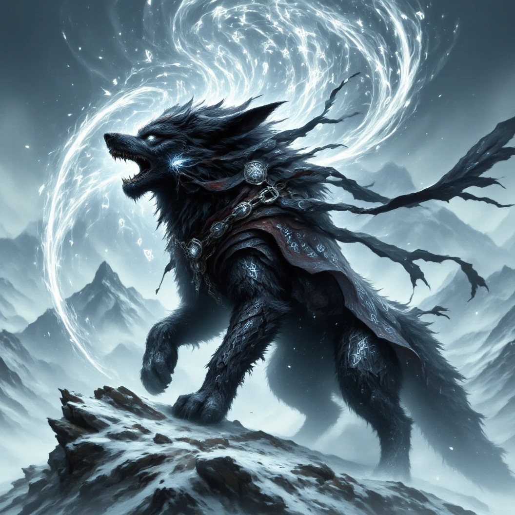 Ginormous black wolf sits like a guard at the peak of a snow covered mountain, looking over a snowfilled valley. Facing viewer. Roaring ferociously in to the valley below his snow covered peak. The wolf snarling and his eyes are fiery. His pelt is scarred and his body is wrapped in chains. A blizzard wails around him, blowing his thick black fur. Snow falling fast and being blown around. Fiery Norse runes appear in the sky behind him. The name "Cajun Fenrir" sketched in fiery letters between the runes in the sky. Dynamic movement, dynamic posing, High Resolution, Masterpiece, Cinematic, Depth Of Field, Image Fill, Floating particles 