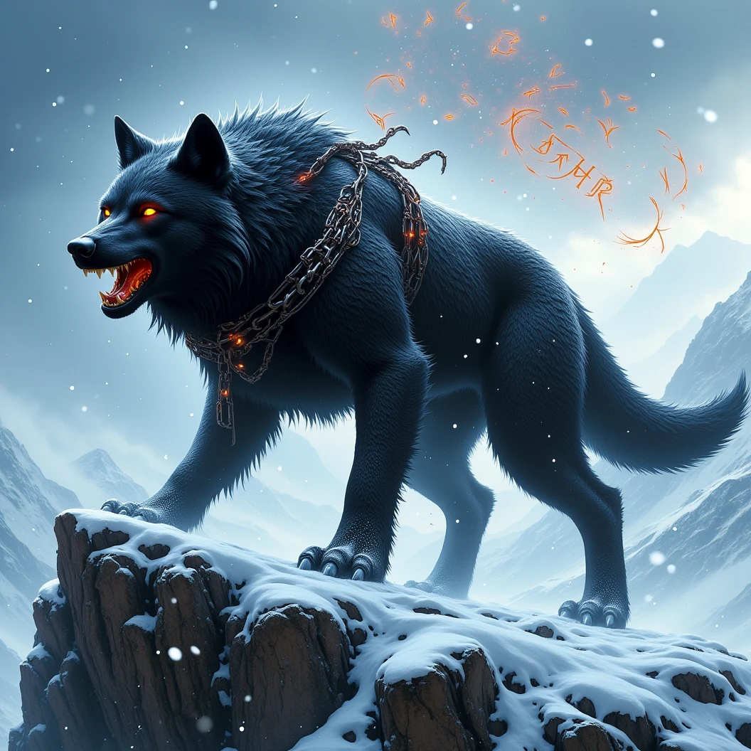 Ginormous black wolf sits like a guard at the peak of a snow covered mountain, looking over a snowfilled valley. Facing viewer. Roaring ferociously in to the valley below his snow covered peak. The wolf snarling and his eyes are fiery. His pelt is scarred and his body is wrapped in chains. A blizzard wails around him, blowing his thick black fur. Snow falling fast and being blown around. Fiery Norse runes appear in the sky behind him. The name "Cajun Fenrir" sketched in fiery letters between the runes in the sky. Dynamic movement, dynamic posing, High Resolution, Masterpiece, Cinematic, Depth Of Field, Image Fill, Floating particles 