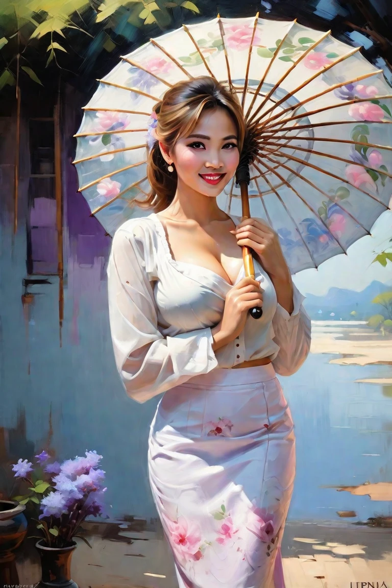 Create a contemporary portrait of a beautiful, Young and energetic, Charming model, Large
Breasts, Clive Arch, (Exquisite eyes, Delicate lips,
extremely Exquisite eyes), Show a bright smile, airbrush
oil a beautiful woman with her light brown
hair up in a fussy bun she is wearing a white Myanmar traditional blouse and floral Myanmar long skirt and holding the Pathein umbrella in the
expressive and painterly style of Malcolm Liepke.The portrait should feature a
close-up of the subject's face with strong, tree branch with white pink light blue and lavendar flowers and (Bagan ancient bagodas in
the backgroun).