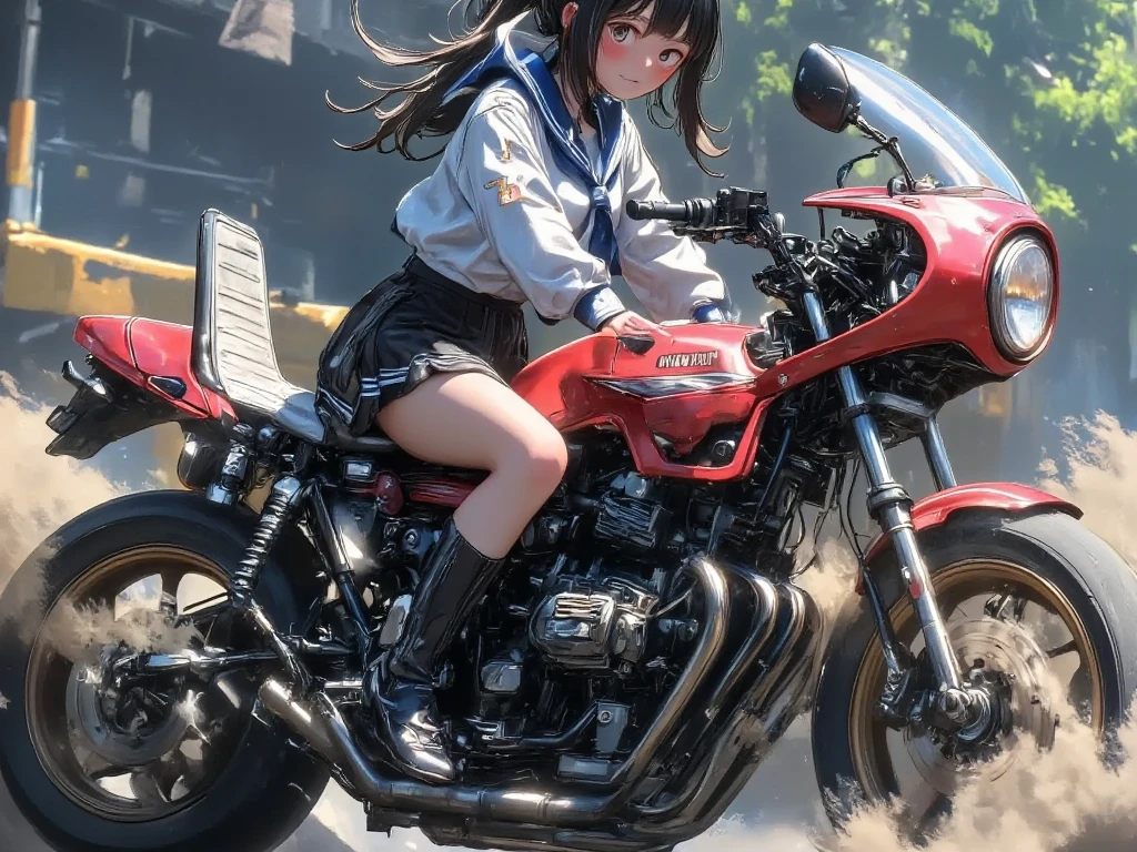 1GIRL\(glossy brown skin,sailor suit,loose socks,smirk,open mouth,looking away, body forward-bent\) cornering by MOTORCYCLE\(CAFE RACER TUNED HONDA CBX400,Frocket cowl,soke from muffler\), masterpiece, best quality,newest anime style, motion blur, high speed, cornering, dust,dutch angle,screen cap of game, 3d,close-up shot of motorcycle