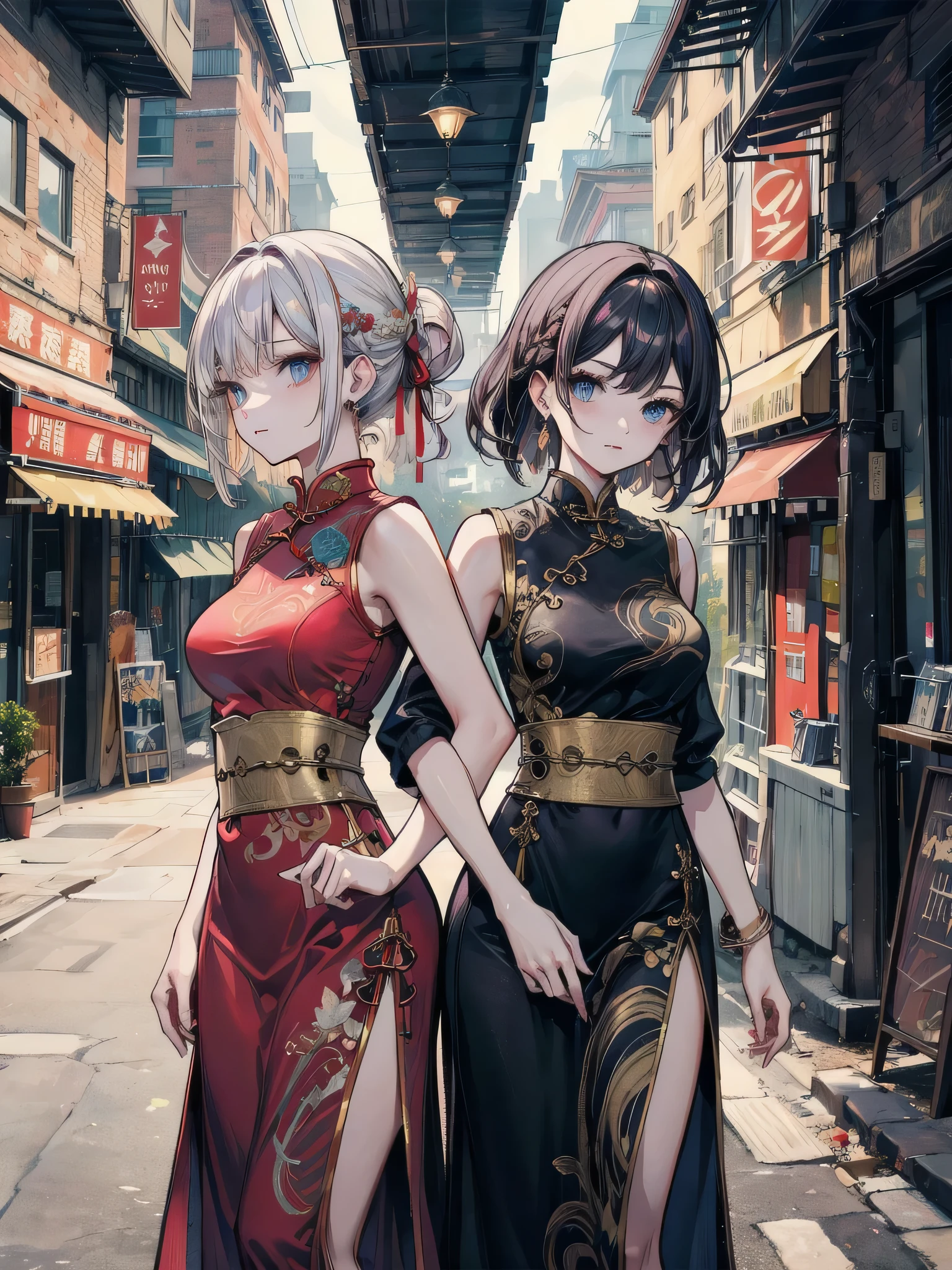  Fashion magazine cover: night, full moon, 1 adult woman, Chinese Architecture, cheongsam, China costume, Royal sister, cold face, Poker face, woman with long silver hair, light pink lips, fishnet stockings, calm, intellectuals, Three bangs, gray pupil, street view, facial details,masterpiece, best quality,