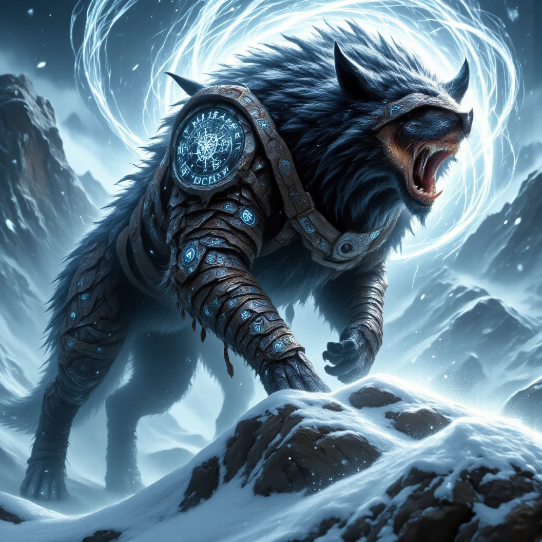 Ginormous black wolf sits like a guard at the peak of a snow covered mountain, looking over a snowfilled valley. Facing viewer. Roaring ferociously in to the valley below his snow covered peak. The wolf snarling and his eyes are fiery. His pelt is scarred and his body is wrapped in chains. A blizzard wails around him, blowing his thick black fur. Snow falling fast and being blown around. Fiery Norse runes appear in the sky behind him. The name "Cajun Fenrir" sketched in fiery letters between the runes in the sky. Dynamic movement, dynamic posing, High Resolution, Masterpiece, Cinematic, Depth Of Field, Image Fill, Floating particles 