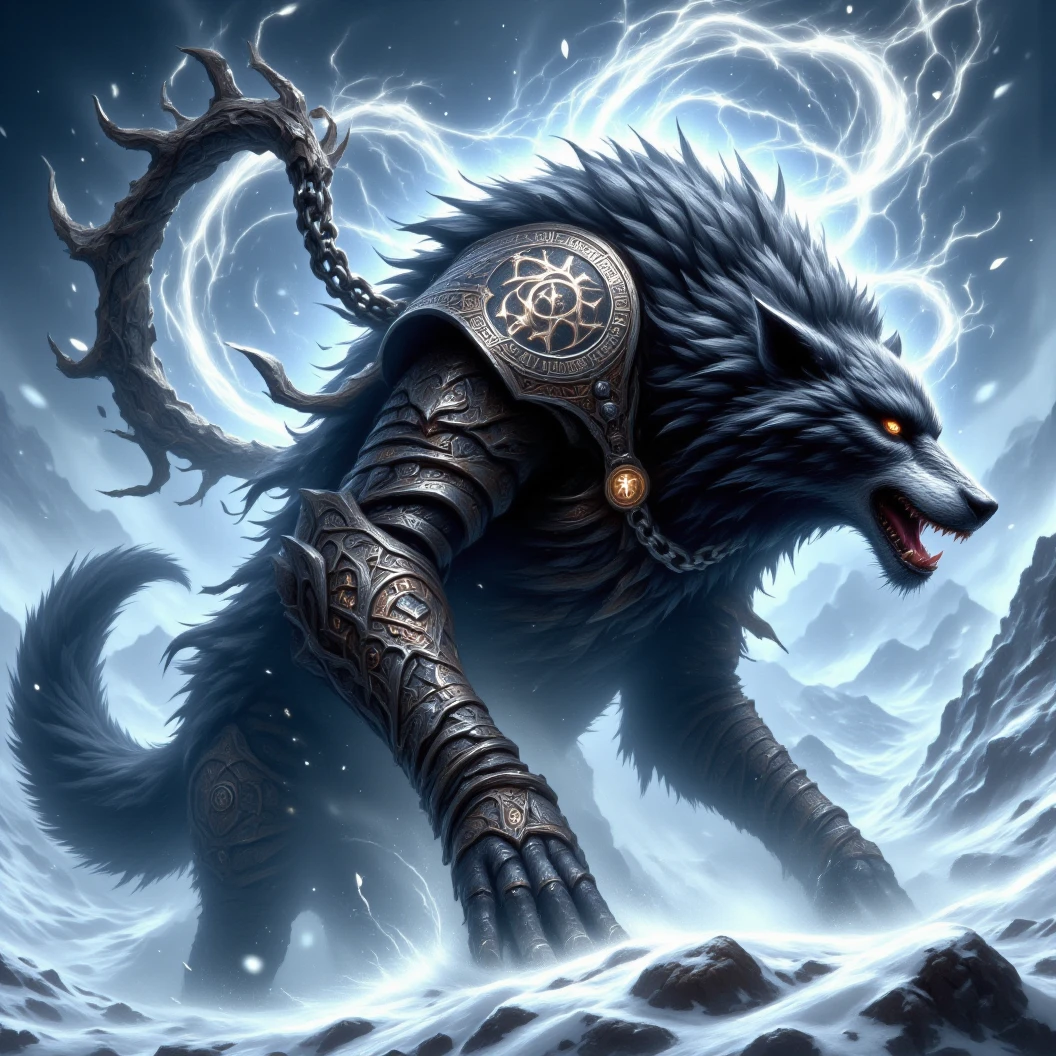 Ginormous black wolf sits like a guard at the peak of a snow covered mountain, looking over a snowfilled valley. Facing viewer. Roaring ferociously in to the valley below his snow covered peak. The wolf snarling and his eyes are fiery. His pelt is scarred and his body is wrapped in chains. A blizzard wails around him, blowing his thick black fur. Snow falling fast and being blown around. Fiery Norse runes appear in the sky behind him. The name "Cajun Fenrir" sketched in fiery letters between the runes in the sky. Dynamic movement, dynamic posing, High Resolution, Masterpiece, Cinematic, Depth Of Field, Image Fill, Floating particles 