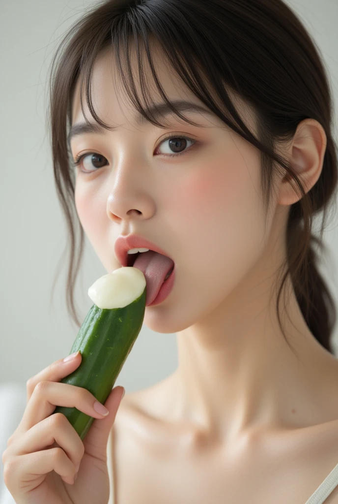 Put condensed milk on the tip of a cucumber and lick it with your tongue sticking out the tip 、I'm sticking out my tongue at the tip and licking it、Japanese young beauty