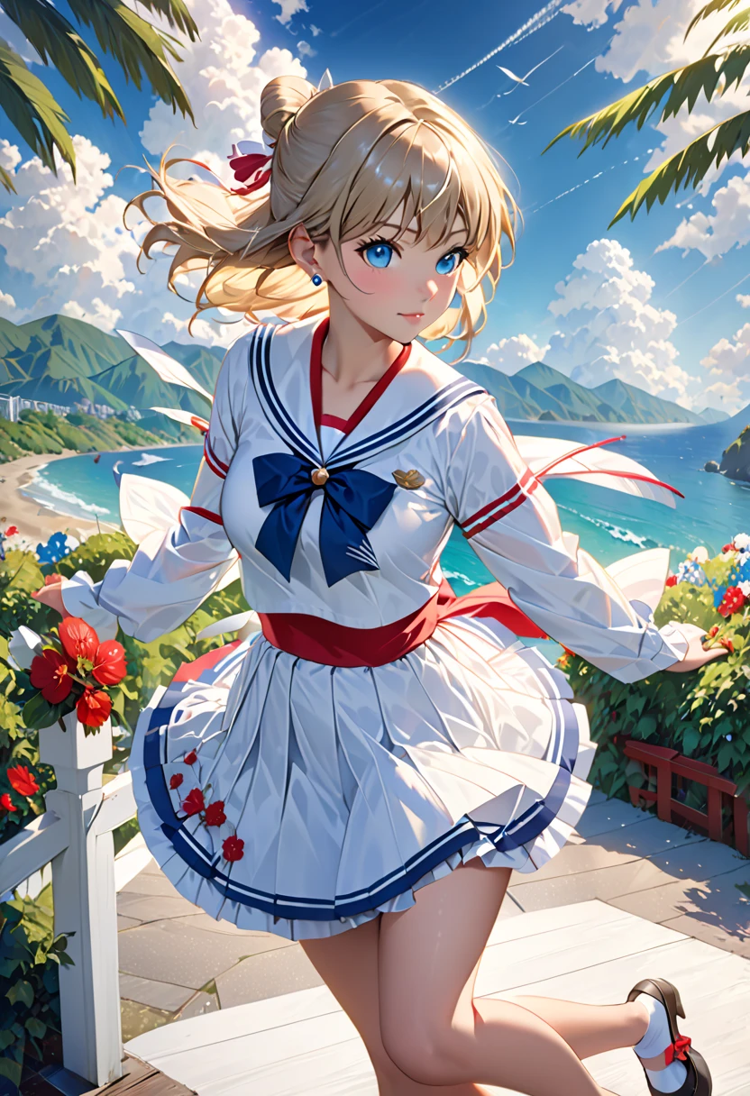  close,  1 girl, Sailor,  Tsukino Usagi , (Sailor chiseki uniform:1.2), ( Aqua Eyes:0.9), Blonde,  medium haired, Wedge skirt,  top quality,  earrings, Masterpiece,  high definition,  intricate details, ( realistic)), photograph, (white elbow gloves:1.1),   jewelry,  Medium Breasts,  full body,  dynamic background,  dynamic poses, white