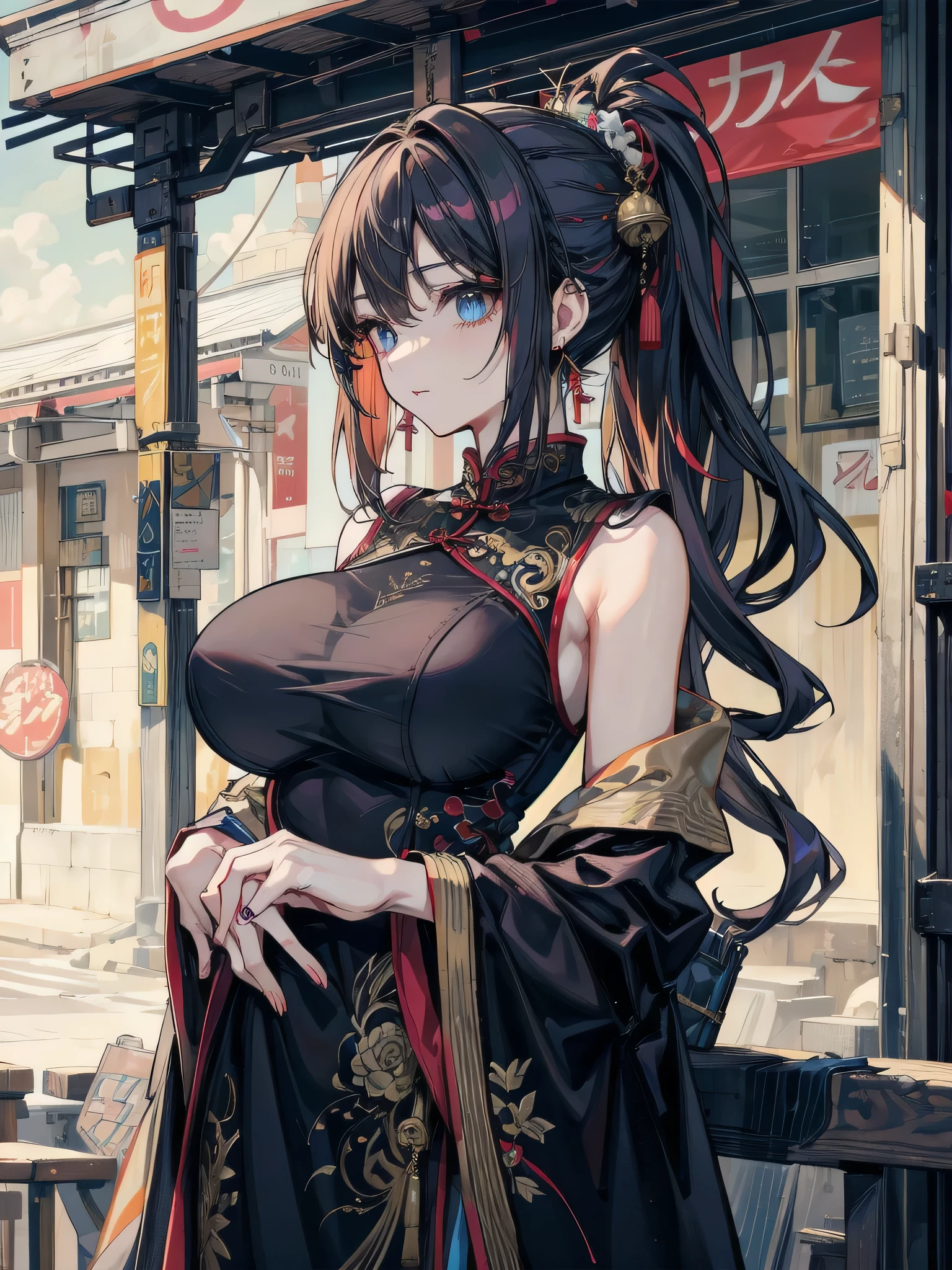 (masterpiece, 最high quality, 超High resolution, Very detailed), (Realistic:1.1, photoRealistic:1.4), Perfect illustration, Perfect lighting,Perfectly detailed hair, Perfect and exquisite face, Perfect collarbone, Perfect body,Juicy breasts, Perfect Thighs, Beautiful legs, View your audience, 1 person,Perfect Face, (Perfect Anatomy, Anatomically correct), Symmetrical face、((Shiny Hair)),Sexy Body、(masterpiece),(最high quality:1.3),8k,Very clear,(Ultra-realistic),Captivating woman,(high quality, High resolution, The finer details), Realisticなスタイルの女性,Juicy breasts、Perfect Woman、Perfect Face、Symmetrical face、Baby Face、((Big breasts))、Breast expansion、blush、((Juicy lips))、Cowboy Shot、(((Rolled2Two black buns)))、((Large, double-set black eyes、Long eyelashes))、(Red Makeup)、((((China dress)))、(((金と黒の刺繍が施されたChina dress)))、((Big tits jk))、(Outdoor、On the streets of Chinatown in China)