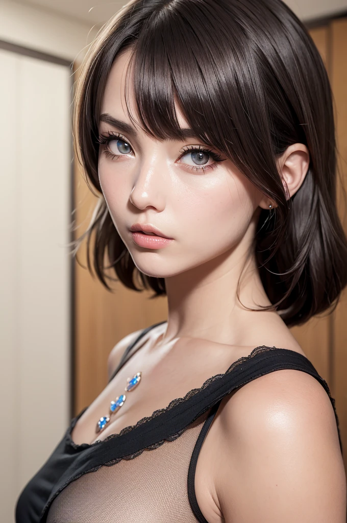 1womanl, 50 years old, hyperdetailed face, Detailed lips, A detailed eye, Double eyelids, shinny skin, breastsout, ighly detailed, ultra-detailliert, 超A high resolution, Cowboy Shot, (Photorealsitic:1.4), (top-quality), (Best Shadows), detaileds, Perfect litthing, A dark-haired、short-haired, (Colossal tits:1.3), Inside the museum