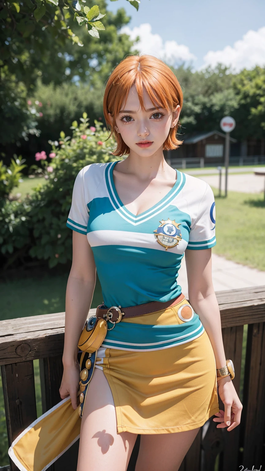 arafed woman in yellow top and blue shorts posing for a picture, with yellow cloths, wearing yellow croptop, wearing wheat yellow gauze, inspired by Nazmi Ziya Güran, shot on nikon z9, wearing yellow floral blouse, hijab, faridah malik, no wearing beautiful clothes, mid shot portrait, close up half body shot, nude