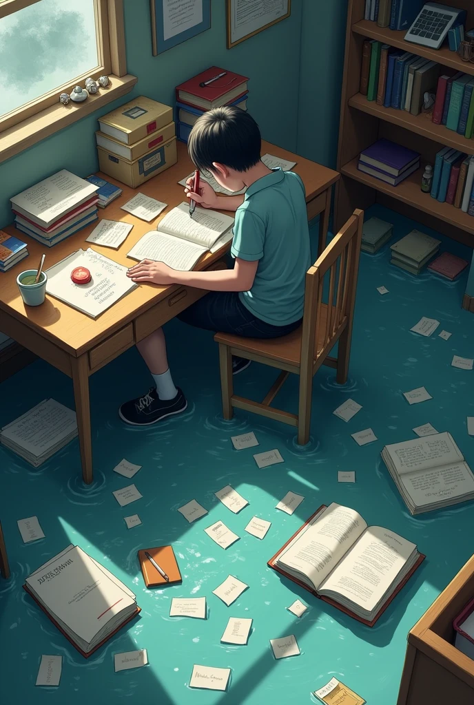 High school boy hugging and sinking a book in a library in the water