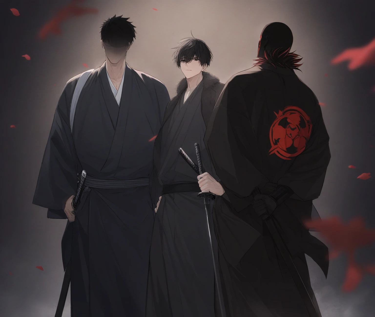 Man in long black kimono, long katana extended beside him, man with his back facing forward, black logo of shadows coming out of the katana