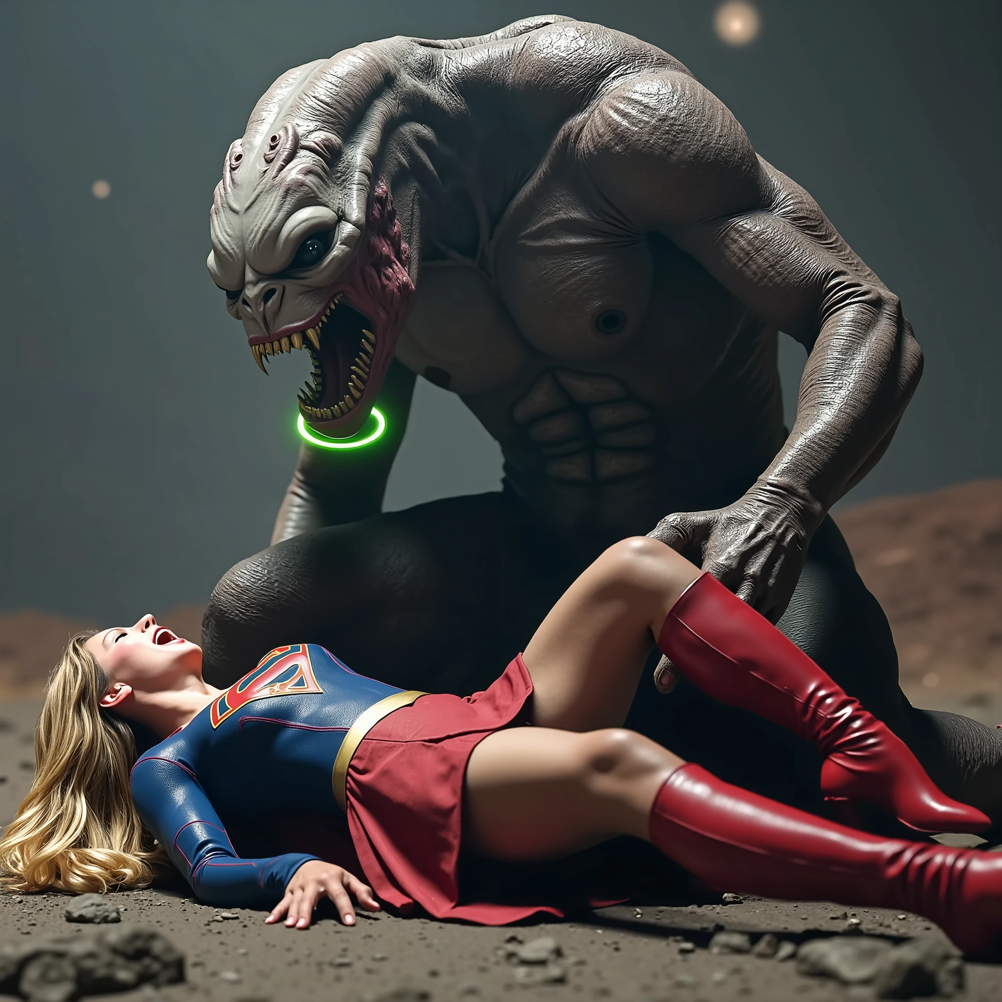 Supergirl is fighting with a big alien monster, very bright white skin, can see whole body, She is wearing a thin black pantyhose, short red leather fabric skirt, red knee height long boots, blonde hair, lighting green collar on her neck, She is screaming in pain, seriously injured, painful, a huge body fierce Alien Monster hold and carry Supergirl body, the Alien Monster seize her body tightly and bite her neck, photorealistic, hyper realistic, night time on the Mar with moon lighting,