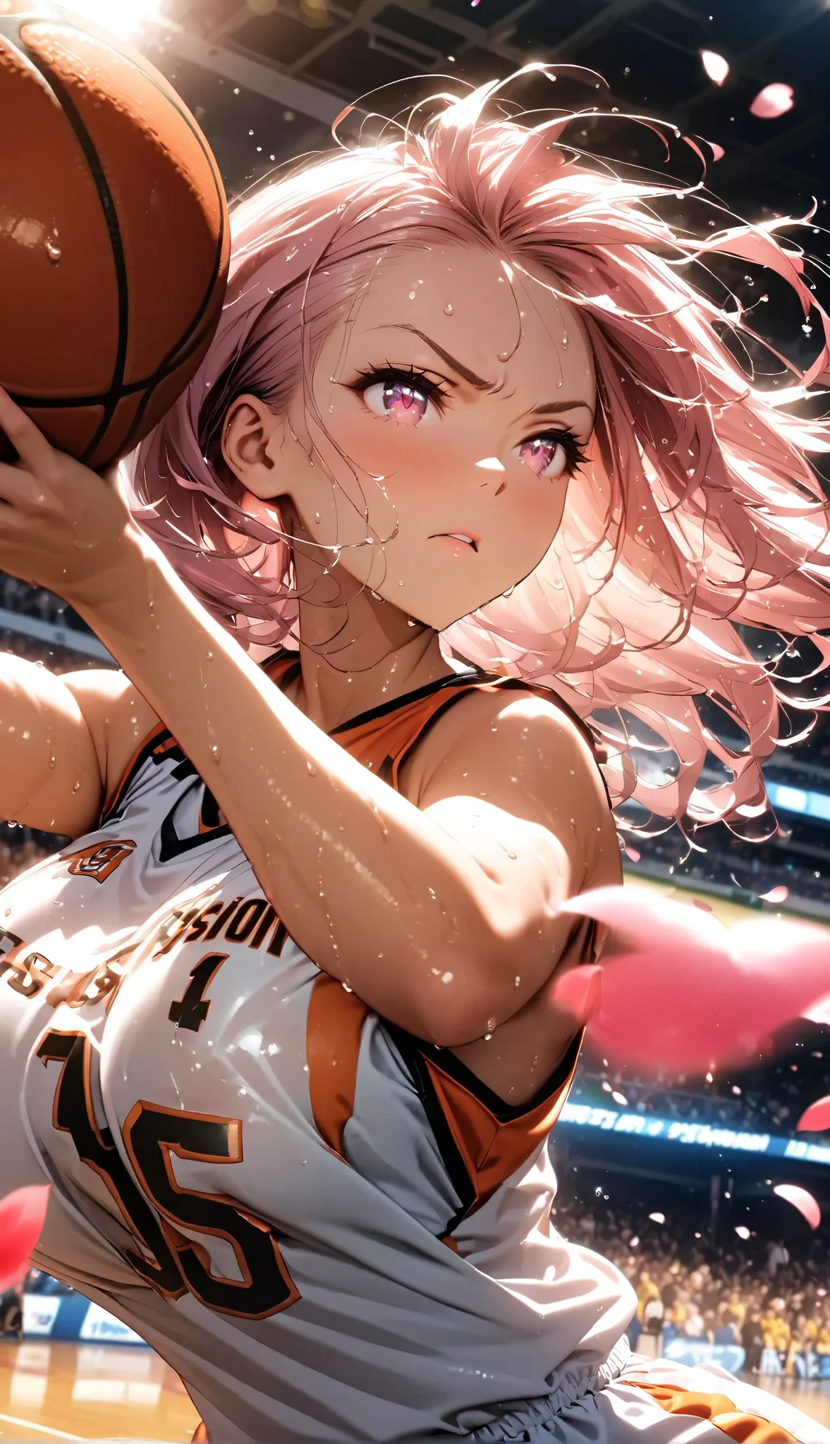 (Sports magazine cover photo), Highest quality, Great quality, 16K, Unbelievably absurd, Very detailed, delicate and dynamic, Natural light, The particles reflect light, Diffuse reflection of light, Many rainbow-colored petals fall, Beautiful street, Sparkling Sun, Diffuse reflection of light, Create amazing image effects, , Wet, sweating, Basketball Game, receive, Close-up(Cute sexy girl, big bouncing busts, Sensual expression, Cool girl, Serious, passion, Dynamic, Flashy Basketball uniform, ,audience , much-air-laden cheer)