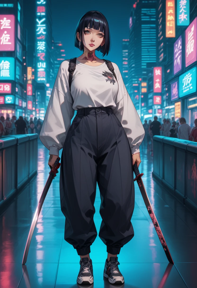  cinematic visuals of a beautiful curvy woman hinata hyuga holding a katana sword tattoos cyberpunk cyberpunk city body sharp gaze full body 