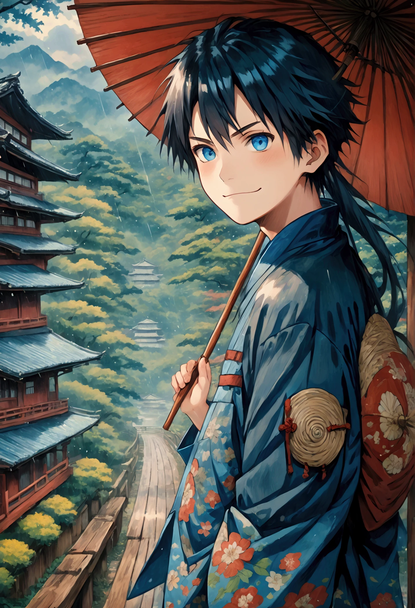 Blue kimono, medium-long hair, bright blue eyes,  anime boy ，Standing on an ancient red Japanese-style wooden bridge holding a wooden umbrella against the camera with an evil smile Japanese architecture rainy day