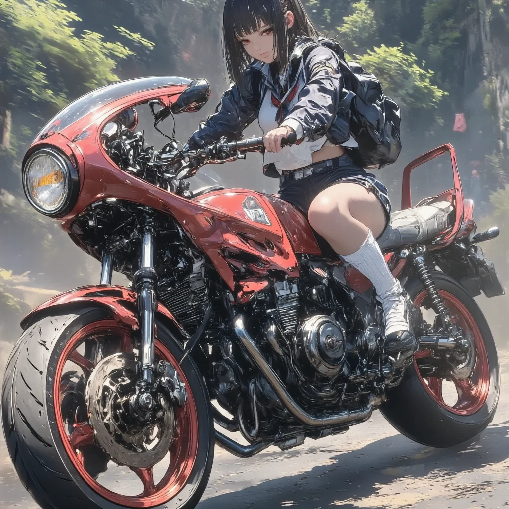 1GIRL\(glossy brown skin,sailor suit,loose socks,smirk,open mouth,looking away, body forward-bent\) cornering by MOTORCYCLE\(CAFE RACER TUNED HONDA CBX400,Frocket cowl\), masterpiece, best quality,newest anime style, motion blur, high speed, cornering, dust,dutch angle,screen cap of game, 3d