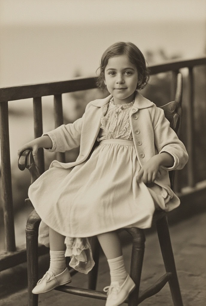 a ,Girl,Foreigners,French,one piece,old,Sepia,era,young,whole body,Life-size,Classic,front,Head to foot,Sit on a chair