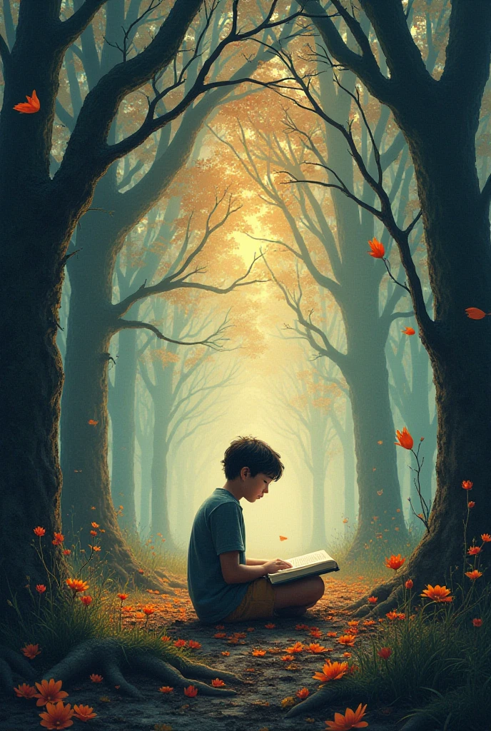 A young boy sits cross-legged under a large, old banyan tree, focusing intently on a torn and faded book. The tree's massive roots spread out around him, and the sunlight filters through the dense canopy of leaves, casting dappled shadows on the ground. The boy is surrounded by the peaceful, quiet atmosphere of early morning, with a few birds perched on the branches above.