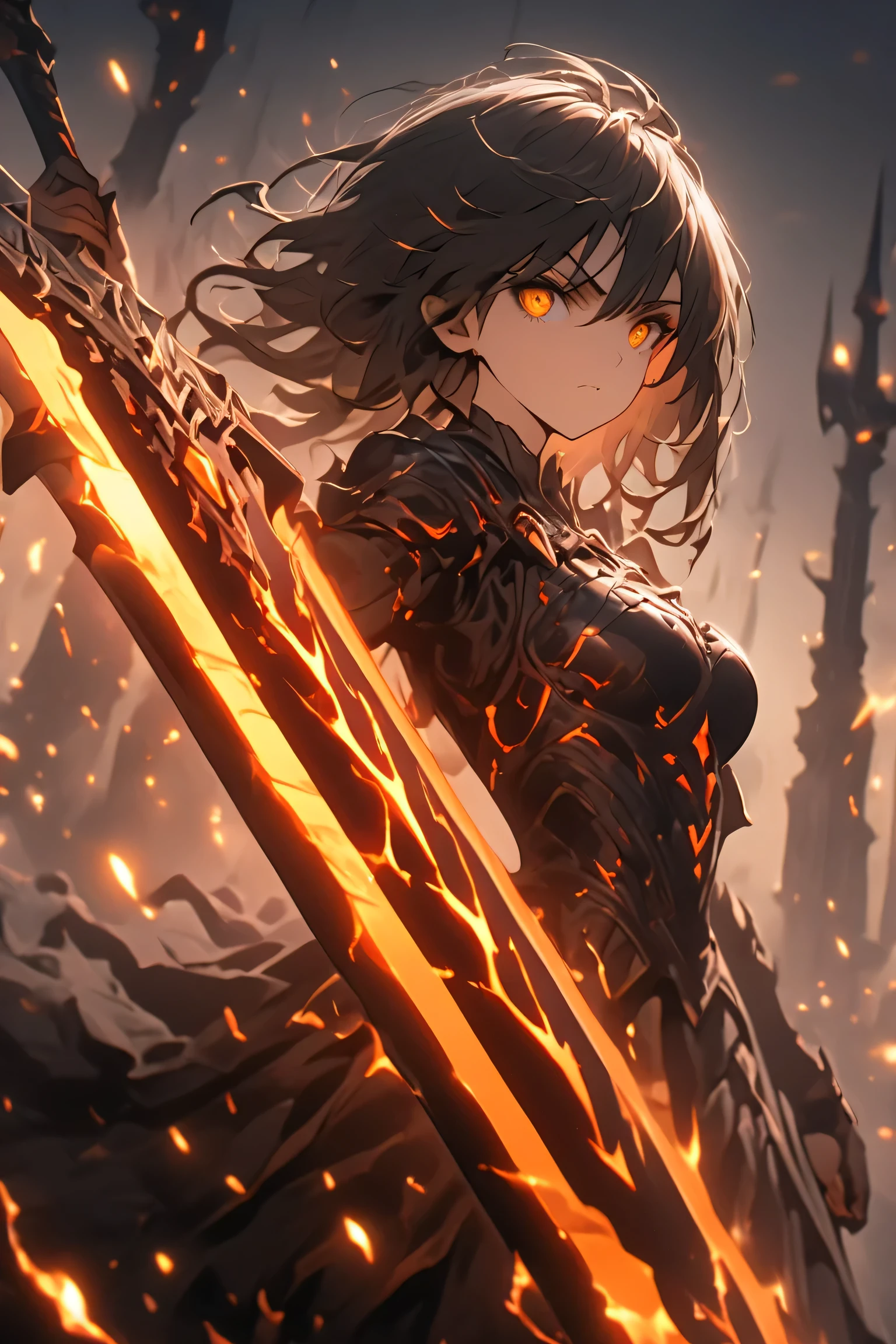 The dynamic scene captures, the instant energy sparks as a woman with black hair and orange eyes,launches a thrusting attack with a great sword that is covered in black flames, The black flames surrounding her greatsword give it an eerie glow,dark fantasy,