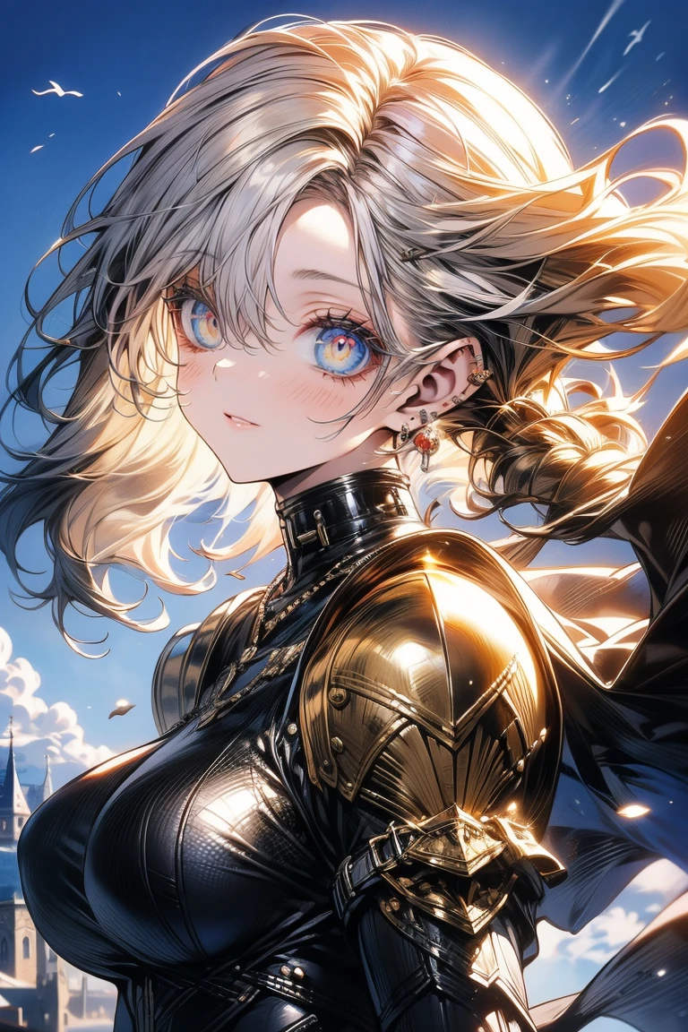 's greatest masterpiece、 top quality、8k、 anatomically correct、The cutest beautiful girl in the world 、 clear detailed face、Very thin leather armor、((Big Breasts))、 bright sunlight 、Warm Light、Clear Blue Sky 、 medieval European cityscapes、 hair fluttering in the wind