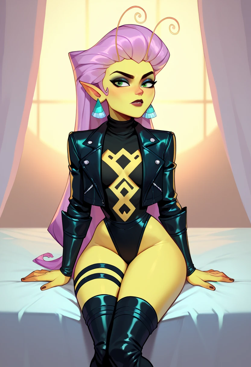 score_9, score_8_up, score_7_up, 1girl, solo,  princessmandie, yellow skin, pointy ears, antennae, makeup, earrings, turtleneck leather jacket rivets studs ,hot,sexy, black leather thigh high boots,horny, bed