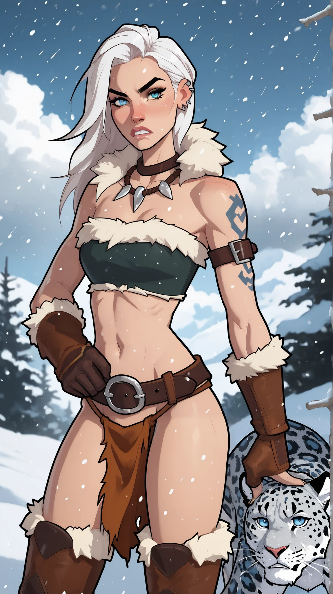 Alone human, Female, fantasy race, ?????????????, leather ??????, hunter woman, white long hair, standing, dark skin, white cat ears, white cat tail, red tribal tattoo