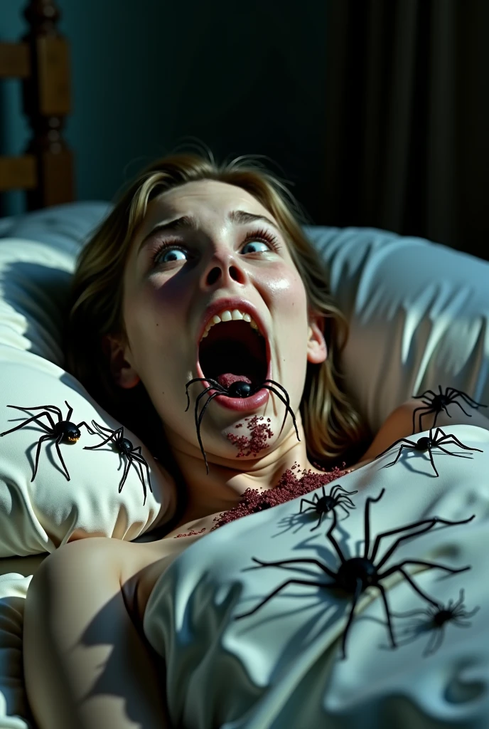 Freddy Krueger's claws coming out of a bed and a looks at them scared