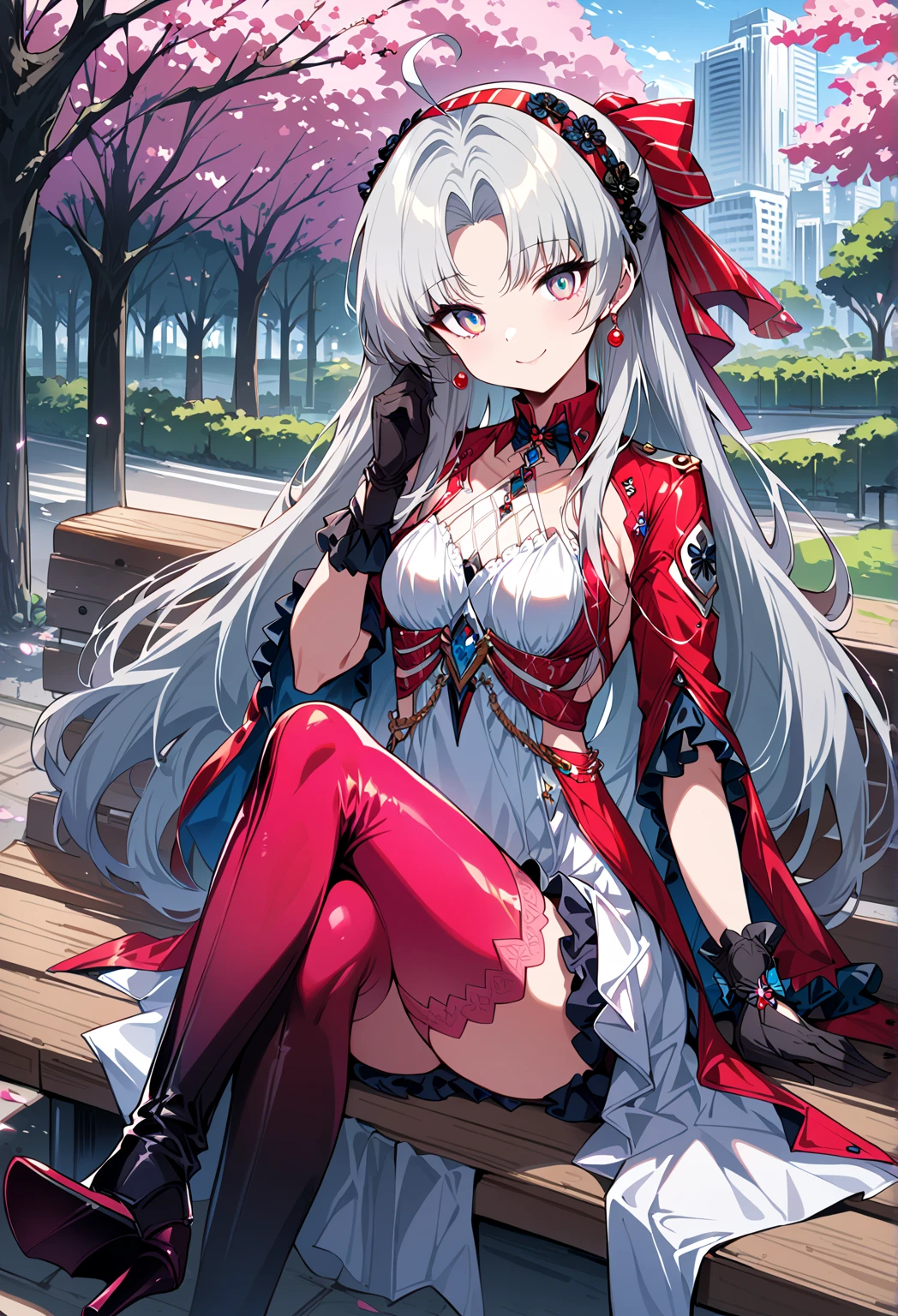 masterpiece,best quality,absurdres, amazing quality, shiny skin,
tokyo \(city\), park, cherry blossoms, falling petals, cowboy shot, smile, looking at viewer, sitting, park bench, on bench, crossed legs, 
carlottailvp, 1girl, long hair, dress, parted bangs, grey hair, gloves, black gloves, ahoge, white hair, white dress, jewelry, bow, earrings, blue eyes, hair bow, thighhighs, medium breasts, (black flowers hairband), very long hair, (red hairband), grey eyes, multicolored eyes, thigh boots, pink thighhighs, thighhighs under boots, high heel boots,((high heel soles)), 