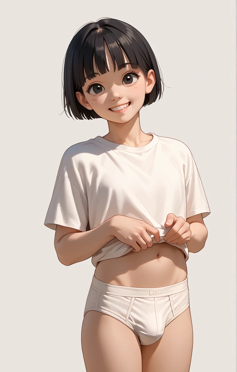 Asian, marshmallow cut (**ddler), black hair, smiling, slim, dark eyes, very cute, adorable, wearing white briefs