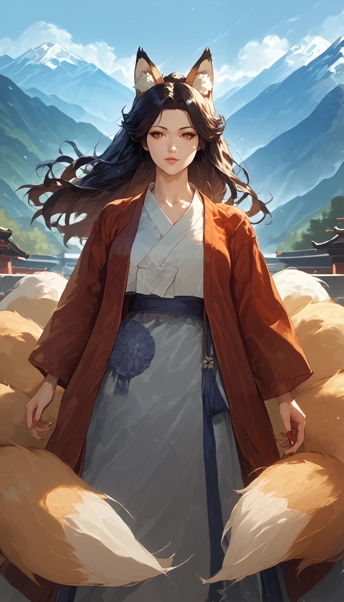 (masterpiece,  best quality :1.2), 1 woman,  alone, Gumiho, 여자 Gumiho,  Korean girl, Fox ears, fox tail, Hanbok,  dark hair, In the mountains