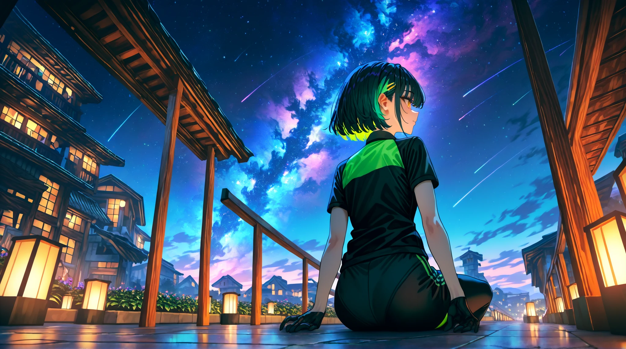  Close up profile of a girl on a hasty balcony looking out into the abyss of a ghostly housing estate with tall, highly detailed buildings,
sitting in the abyss , lonely ,calm,  intelligent ,  wears brutal and attractive style , dark green clothing,
 black ninja polo shirt and dark green stripes  ,  WELL-DEFINED EYES , 
  the atmosphere is dark blue  ,  The sky with the moon and full of many colorful stars ,  downward sloping view , 
  two-way avenue with dim lighting that has pots with beautiful plants , 
 sidewalk in the middle of the two-way road , modern style,   Detailed ,   high quality,   masterpiece,   vibrant colors , 4k