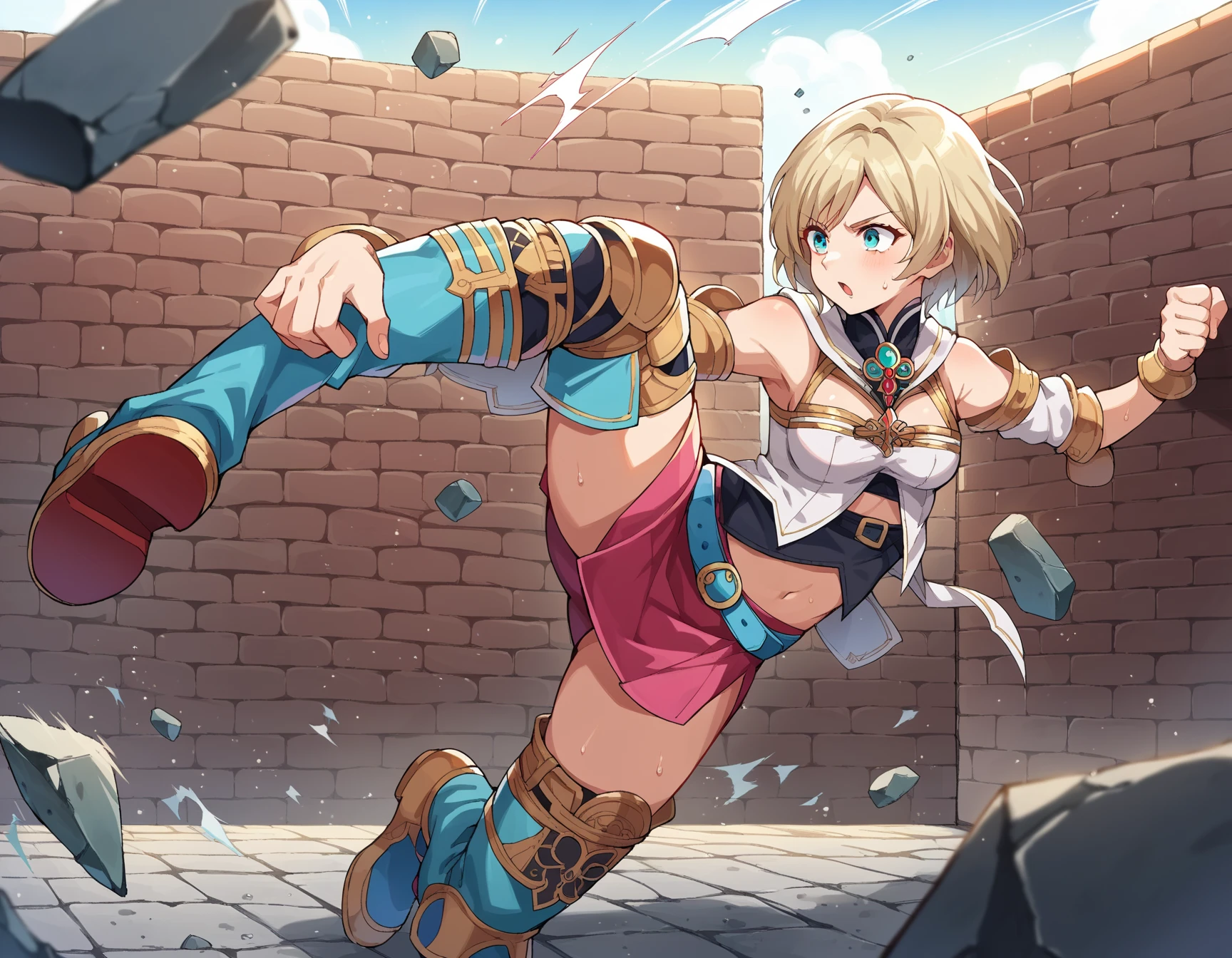 score_9, score_8_up, score_7_up, source_anime,
asheliabnargindalmasca, ashelia b nargin dalmasca, aqua eyes, blonde hair, blue eyes, short hair,high kick
belt, brooch, detached sleeves, dress, jewelry, midriff, miniskirt, skirt, thighhighs, turtleneck, raise one's legs high, an obstacle that can be kicked up, spinning kick, kick a brick, crushing bricks, flying bricks, flying stones, breaking, breaking bricks, impact, sweating, wall being crushed, wall with holes