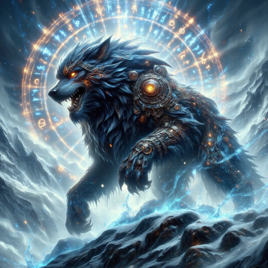 Ginormous black wolf sits like a guard at the peak of a snow covered mountain, looking over a snowfilled valley. Facing viewer. Roaring ferociously in to the valley below his snow covered peak. The wolf snarling and his eyes are fiery. His pelt is scarred and his body is wrapped in chains. A blizzard wails around him, blowing his thick black fur. Snow falling fast and being blown around. Fiery Norse runes appear in the sky behind him. The name "Cajun Fenrir" sketched in fiery letters between the runes in the sky. Dynamic movement, dynamic posing, High Resolution, Masterpiece, Cinematic, Depth Of Field, Image Fill, Floating particles 