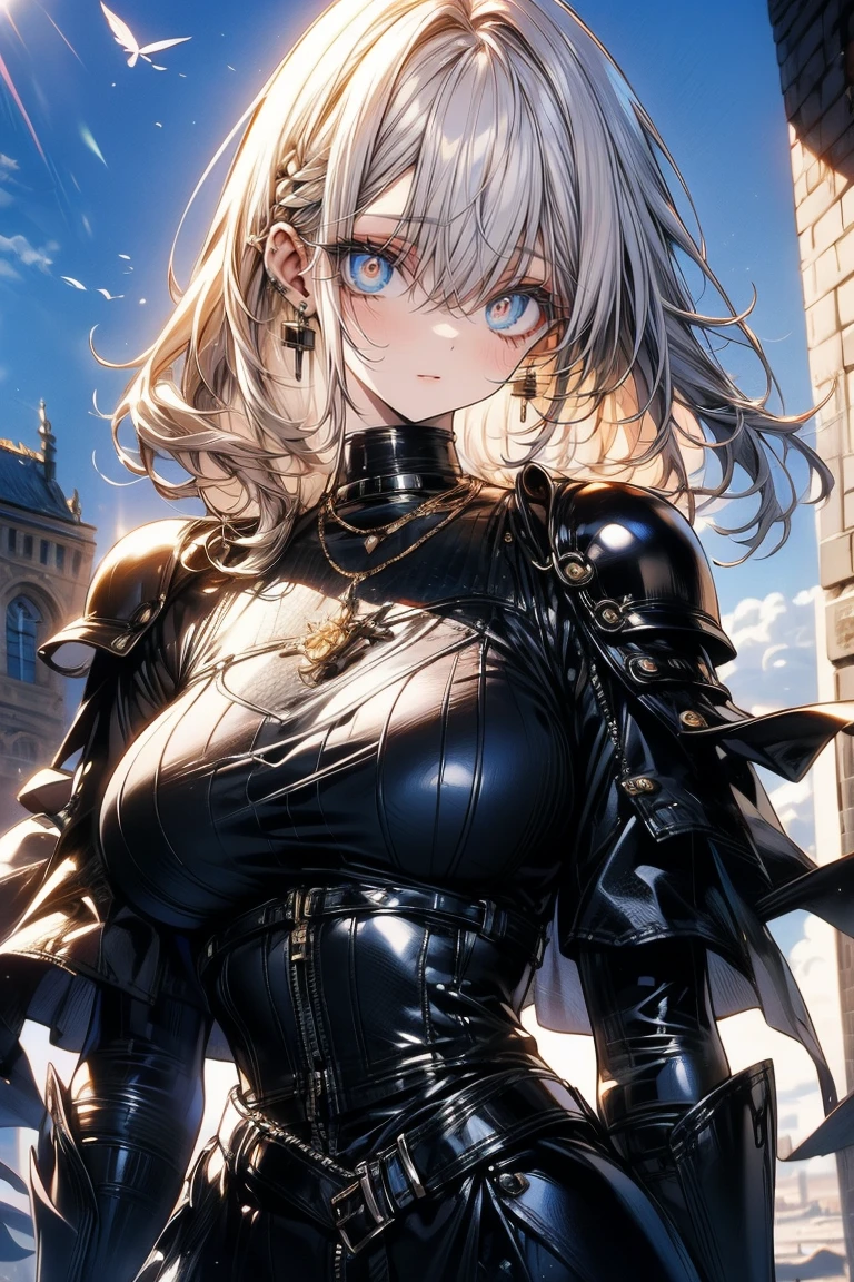 's greatest masterpiece、 top quality、8k、 anatomically correct、The cutest beautiful girl in the world 、 clear detailed face、Very thin leather armor、((Big Breasts))、 bright sunlight 、Warm Light、Clear Blue Sky 、 medieval European cityscapes、 hair fluttering in the wind