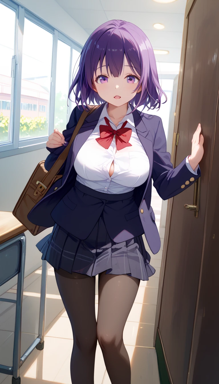 throw,  2 anime girls , solo,  is standing,  high school girl,  cute, short purple hair ,  short hair , Mid-chest, (Hidden Big Breasts),  blazer,  Miniskirt ,  pantyhose,  loafers without pants, break, Hidden Big Breasts, Compare, School, corridor, {{ high school girlは制服姿ではMid-chestだが全裸の姿だと巨乳の high school girlとCompareをしてます}}, NSFW