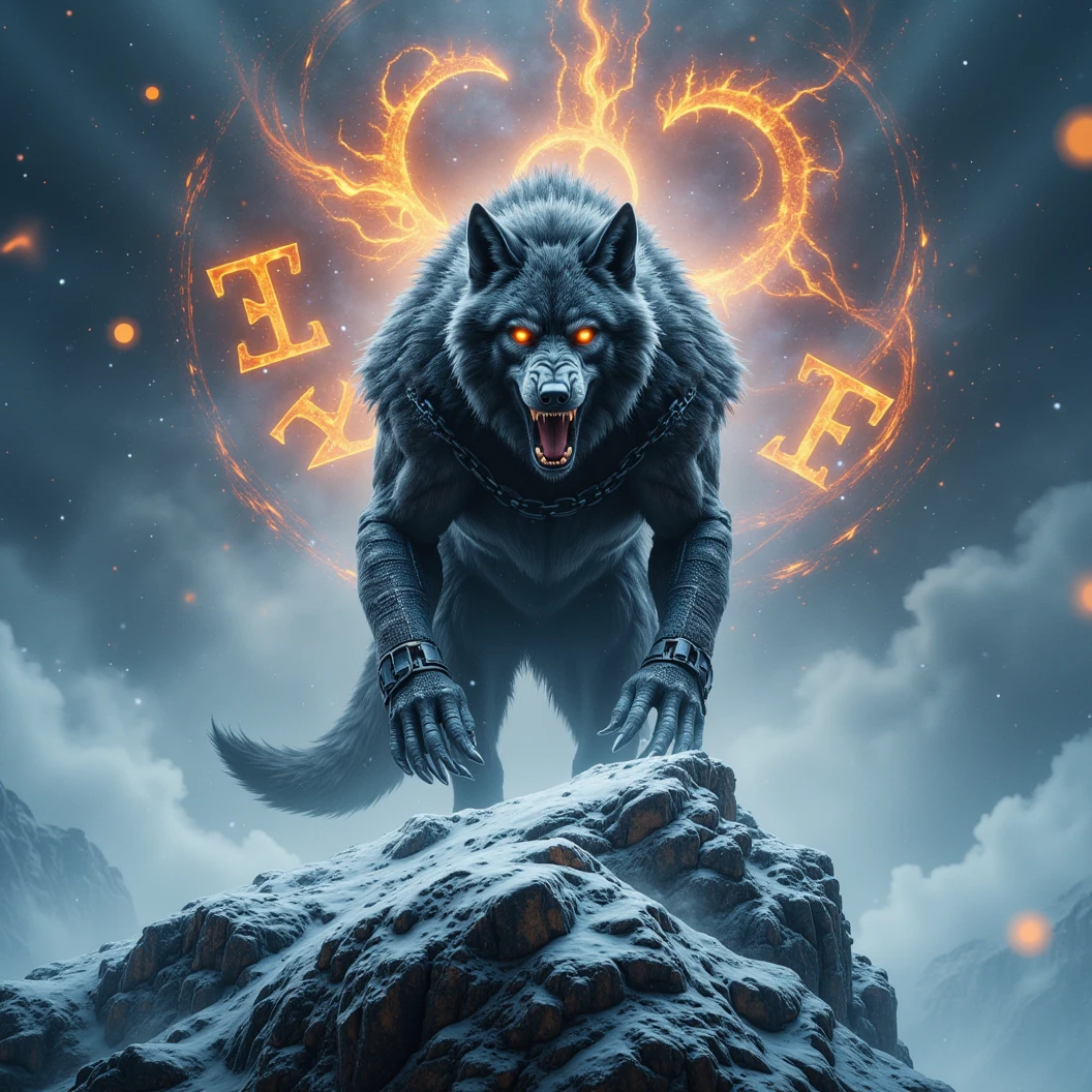 Ginormous black wolf sits like a guard at the peak of a snow covered mountain, looking over a dark snowfilled valley. Facing viewer. Roaring ferociously in to the valley below his snow covered peak. The wolf snarling and his eyes are fiery. His pelt is scarred and his body is wrapped in chains. A blizzard wails around him, blowing his thick black fur. Snow falling fast and being blown around. Fiery Norse runes appear in the sky behind him. The name "Cajun Fenrir" sketched in fiery letters between the runes in the sky. Dynamic movement, dynamic posing, High Resolution, Masterpiece, Cinematic, Depth Of Field, Image Fill, Floating particles 