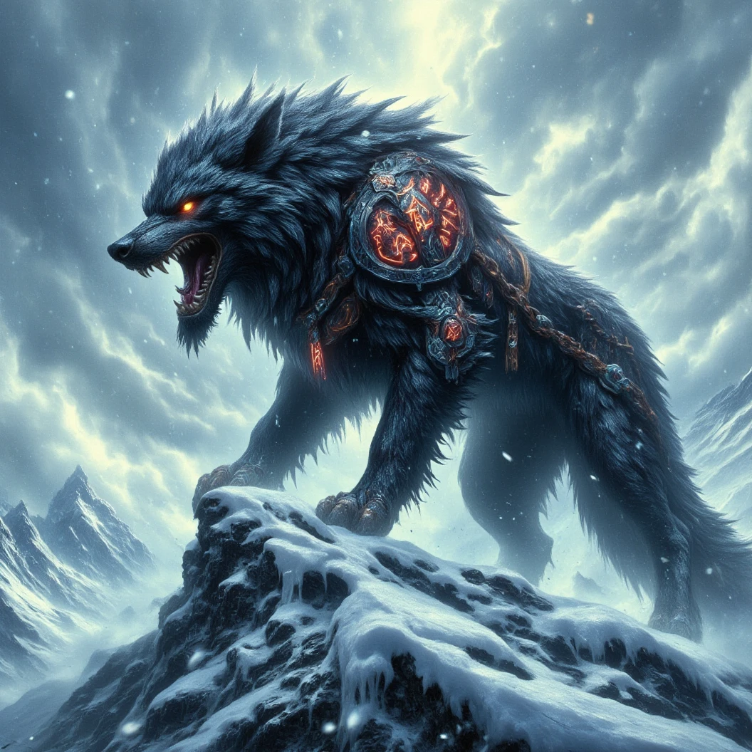 Ginormous black wolf sits like a guard at the peak of a snow covered mountain, looking over a snowfilled valley. Facing viewer. Roaring ferociously in to the valley below his snow covered peak. The wolf snarling and his eyes are fiery. His pelt is scarred and his body is wrapped in chains. A blizzard wails around him, blowing his thick black fur. Snow falling fast and being blown around. Fiery Norse runes appear in the sky behind him. The name "Cajun Fenrir" sketched in fiery letters between the runes in the sky. Dynamic movement, dynamic posing, High Resolution, Masterpiece, Cinematic, Depth Of Field, Image Fill, Floating particles 