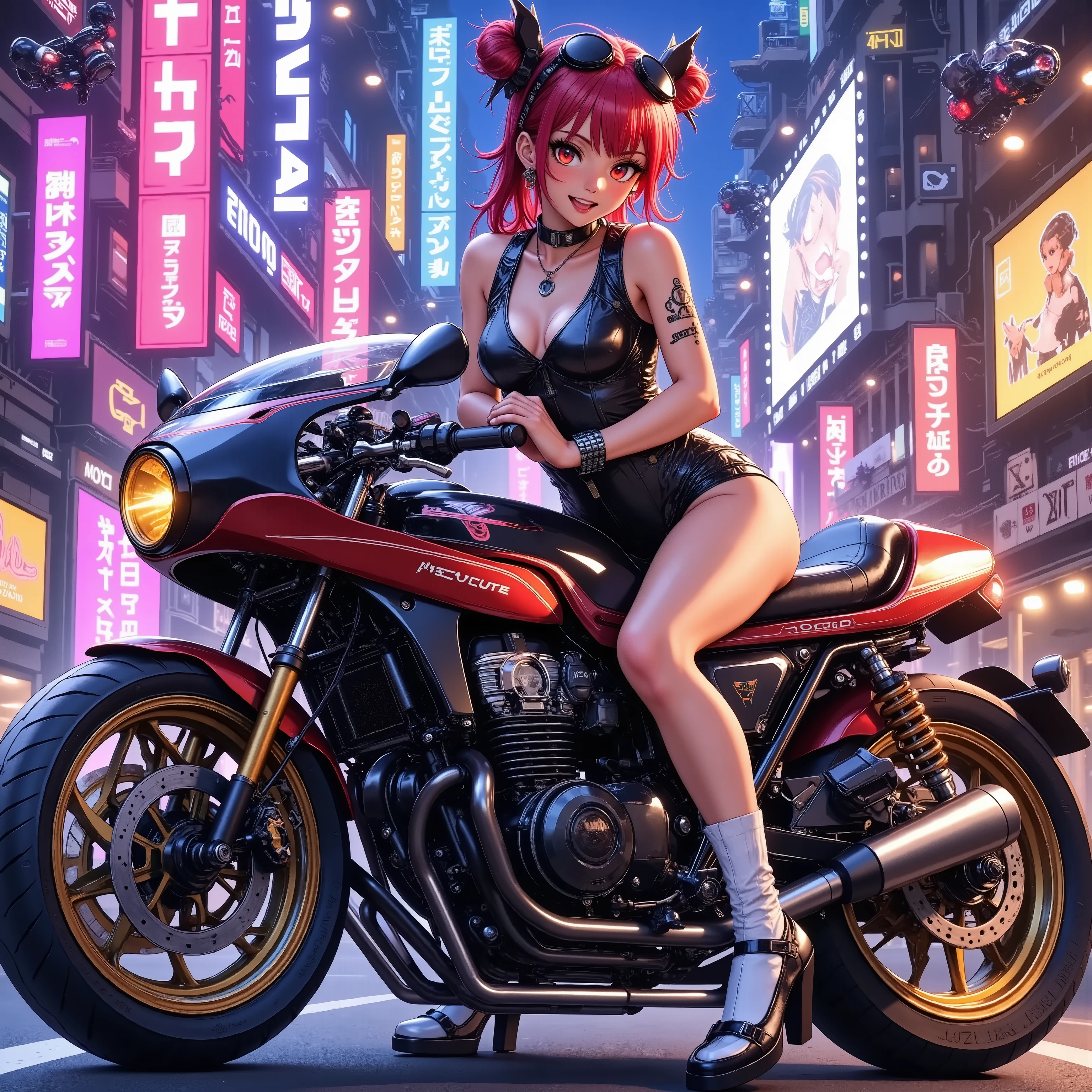 A girl standing next to a motorcycle　+ night neon city +Cyberpunk city