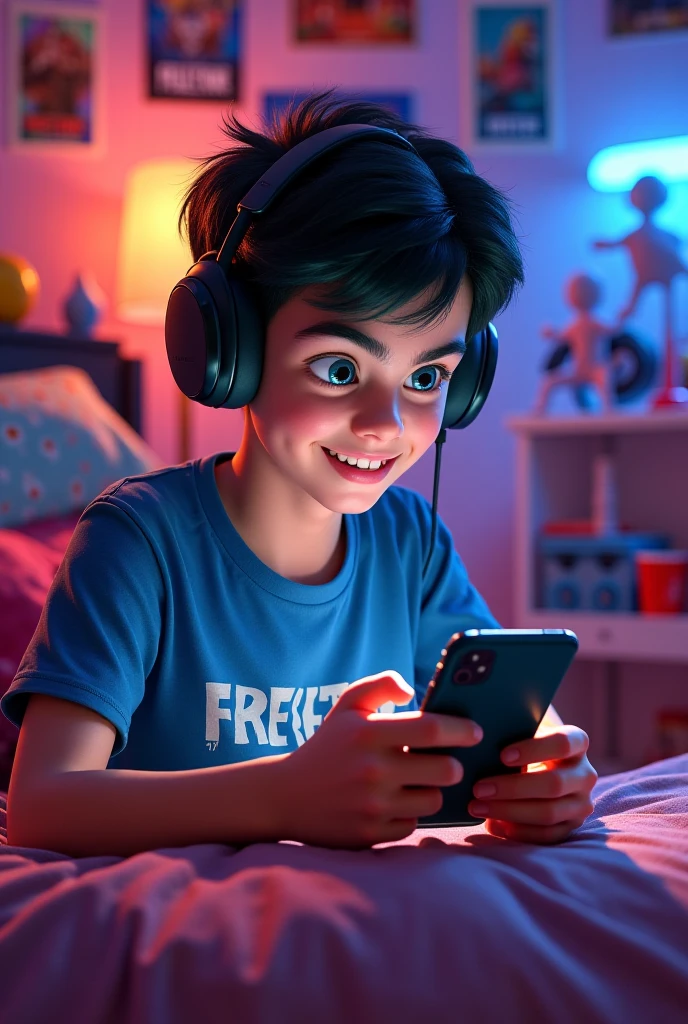 Create an image with a boy with black curly hair, brunette skin, wearing a modern headset and holding a cell phone. He may be in a relaxed environment, like your bedroom or a recording studio, with an animated expression while voicing a character.