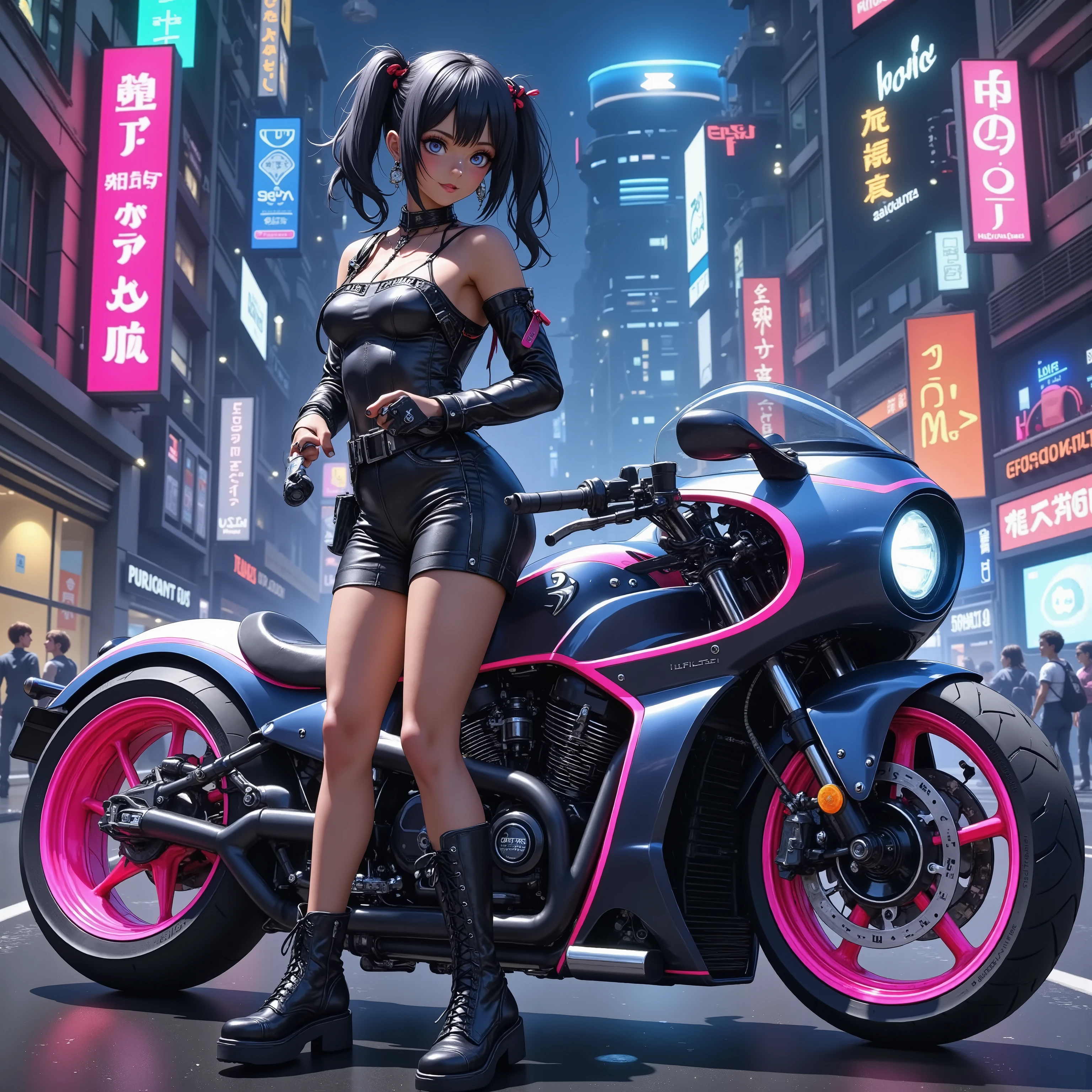 A girl standing next to a motorcycle　+ night neon city +Cyberpunk city