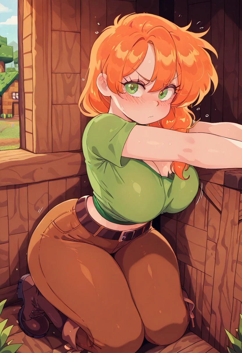 Bl3th3bn3_Styl3_SKNSFW, masterpiece, best quality, 1girl, Alex Minecraft Green eyes, Orange hair, Green T-shirt, Brown pants, boots, Green eyes, Orange hair, in wood house, solo
