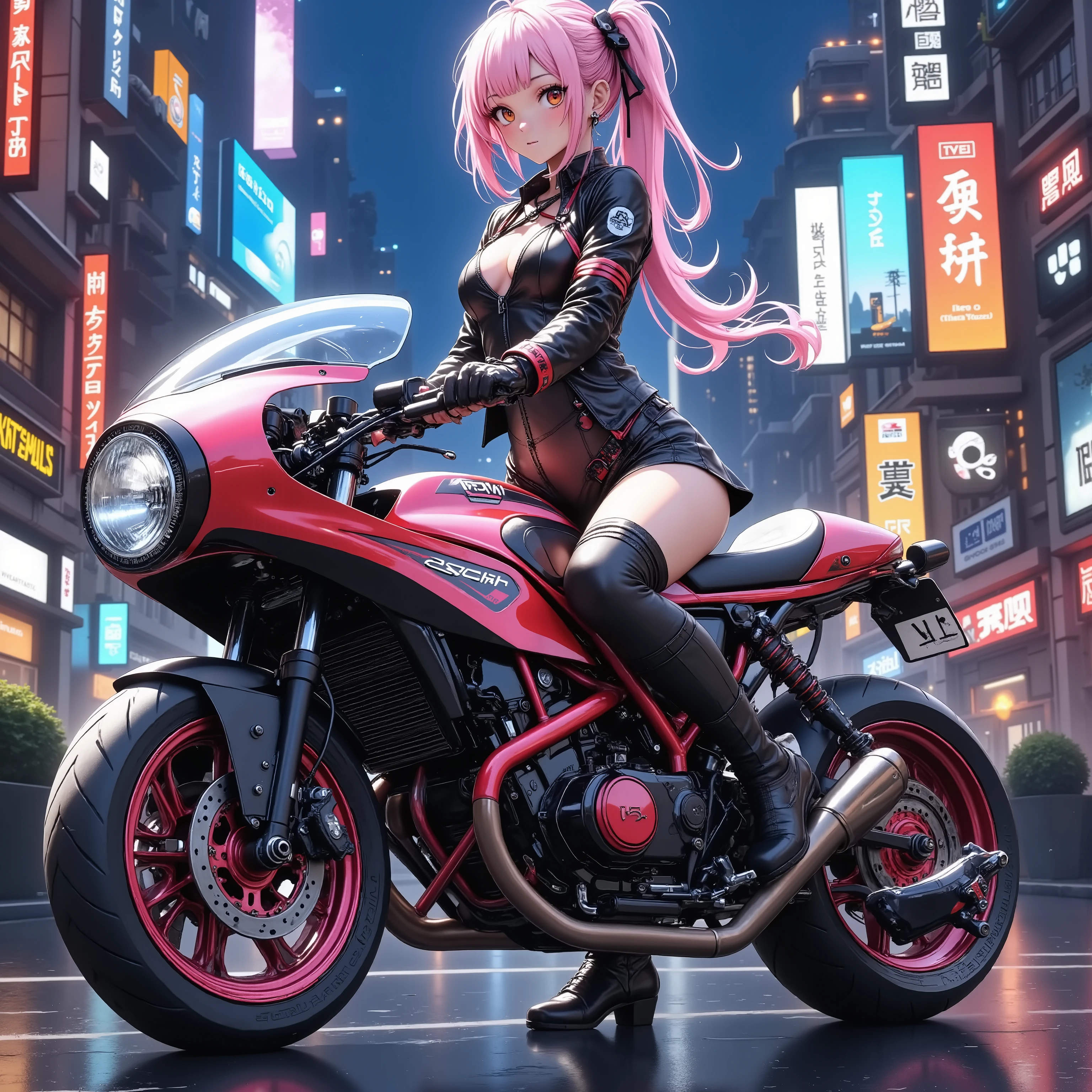 A girl standing next to a motorcycle　+ night neon city +Cyberpunk city