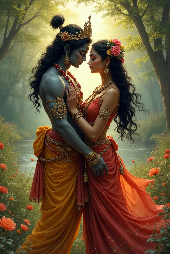 Krishna Radha 20 years old in village Help the poor farmers, create high quality realistic image, Landscape of a village, bight sky, vibrant colors, looking with smile, environment is background is of garden, image should ultra clear, hyper realistic, high quality 4k , peacock and birds