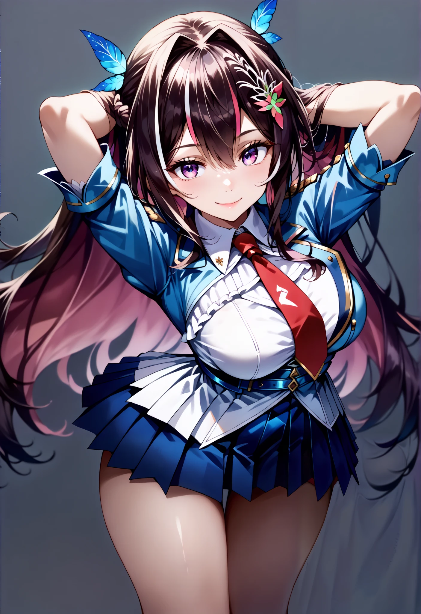 score_9, score_8_up, score_7_up, source_anime, 4K,perfect fingers,(perfect hands, perfect anatomy),prefect lighting, very aesthetic, intricate details,highly detailed background, masterpiece, high quality, best quality,
1girl,Azki, multicolored hair, long hair, french braid, hair ornament, large breast,
wearing ((headgear,shrug \(clothing\),blue jacket,cropped jacket,short dress,two-tone dress,white dress,blue dress,collared dress,pleated dress,red necktie,short sleeves,white gloves, )),
looking at the spectator, filed, (arms behind head:1.5), high thigh individual , (large breasts:0.9),Stand up,((fullbody)) ,((White plain background:1.5)) ,((seductive smile)),((front look:1.5)),((leaning forward:1.3)), ((looking view)),