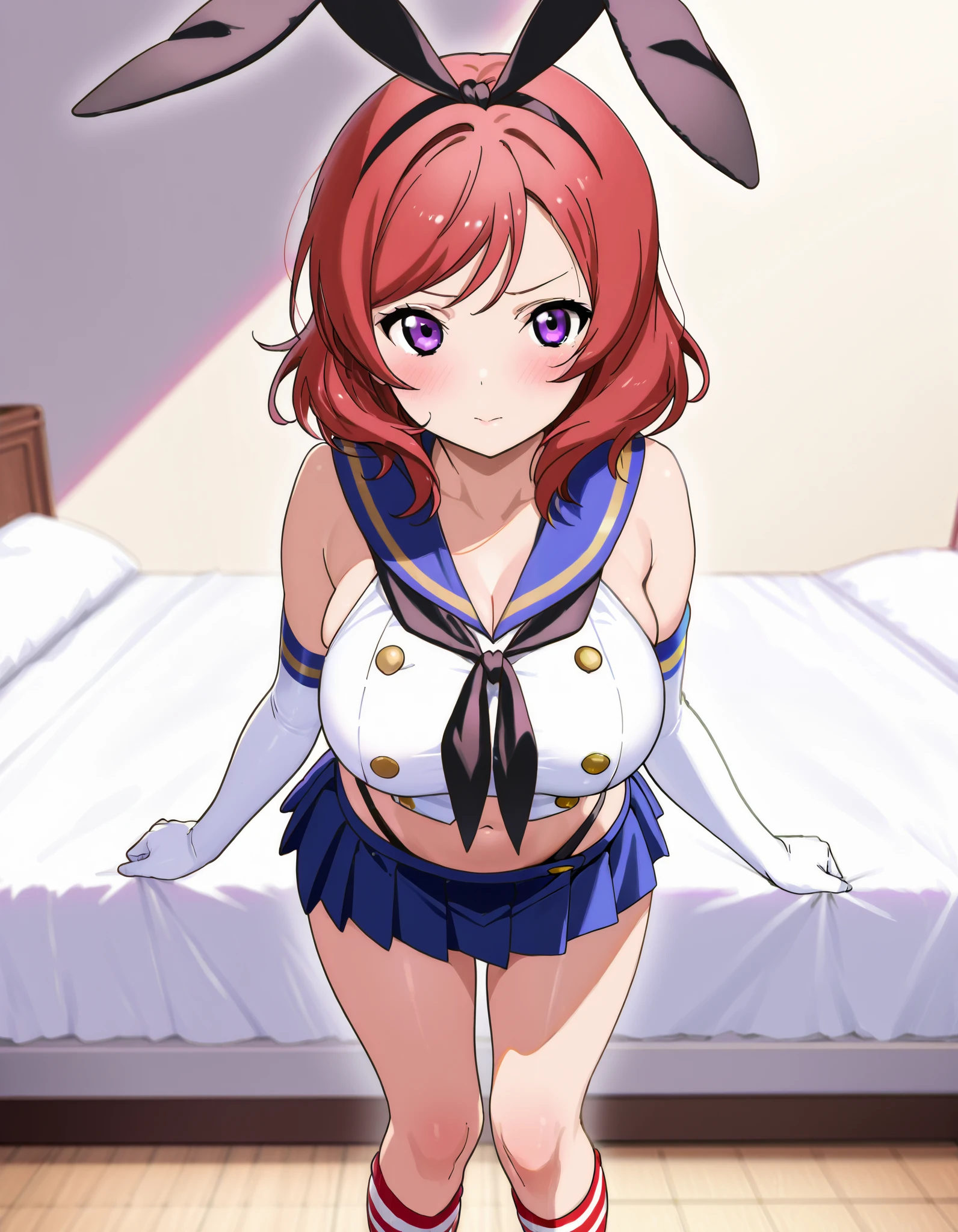  top quality,Shimakaze Cosplay、 black neckerchief、Blue mini skirt、red and white striped knee socks、Black panties、 blue sailor color、white elbow gloves、black rabbit ears 、Maki Nishikino、 redhead、 short hair 、 purple eyes、Big Breasts、 happy、White bedroom、blush、 is standing