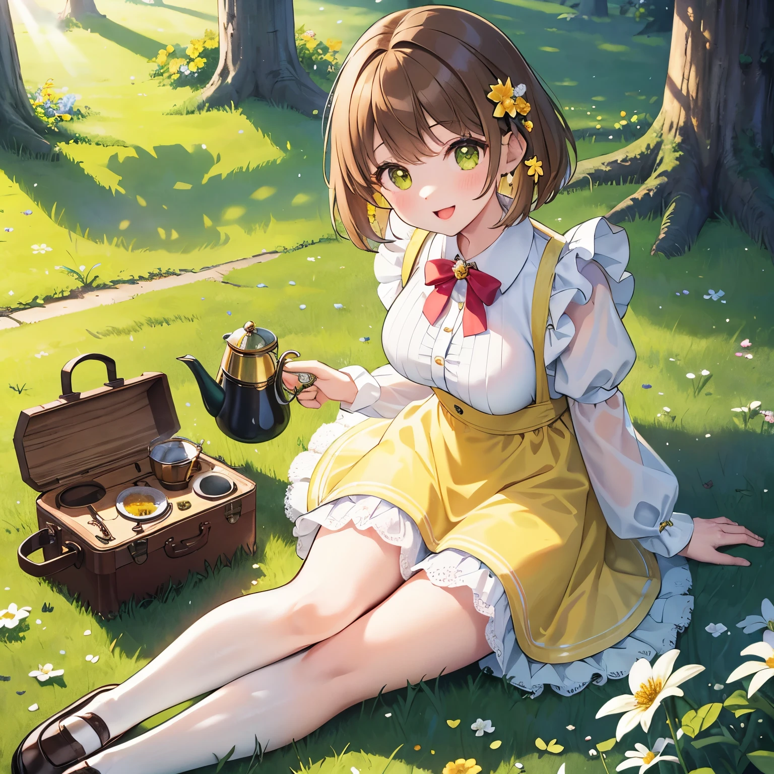 Masterpiece, ultra detail, surreal, photo realistic, cute girl, brown hair Yellow inner, short hair, silky hair, Fluffy hair, green eye, Dazzling eyes, double eyelid , long lashes, blue-white skin, (White blouse, Yellow skirt, apron dress), Large breasts, Puff Sleeve , Miniskirt , white stockings , Light Skin, Brown Mary Jane Shoes , Open your mouth smile, Sunlight filtering through the trees, Under the tree, Sit on the grass, lawn ,Little Flower Garden , At your feet, Portable Tea Set, creates a speckled light effect like a spotlight,Daylight, Complex Shadows, Brilliant Colors , looking at viewer , Drone shot,