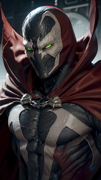 Pixar style, close up, focus on the eyes, spawn2023,  long red collar , red hood, red cape, chains, ,  Bright green eyes , textured suit, red gloves, Picos,  dramatic lighting , 8k, Muscular, Ultra HD,  best quality , award-winning photo, RTX ON, unreal engine 5, absurdities, capa longa,  large red boot ,  large glove , flowing cape ,  asymmetric red armor ,  Mask, night,  dramatic lighting , epic red cape,  Broad shoulders,  pointed shoulders , silver chain, CGI ( computer graphics process)