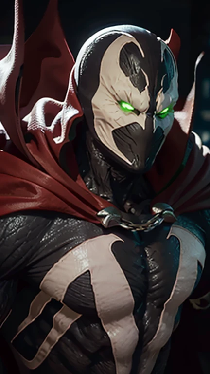 Pixar style, close up, focus on the eyes, spawn2023,  long red collar , red hood, red cape, chains, ,  Bright green eyes , textured suit, red gloves, Picos,  dramatic lighting , 8k, Muscular, Ultra HD,  best quality , award-winning photo, RTX ON, unreal engine 5, absurdities, capa longa,  large red boot ,  large glove , flowing cape ,  asymmetric red armor ,  Mask, night,  dramatic lighting , epic red cape,  Broad shoulders,  pointed shoulders , silver chain, CGI ( computer graphics process)