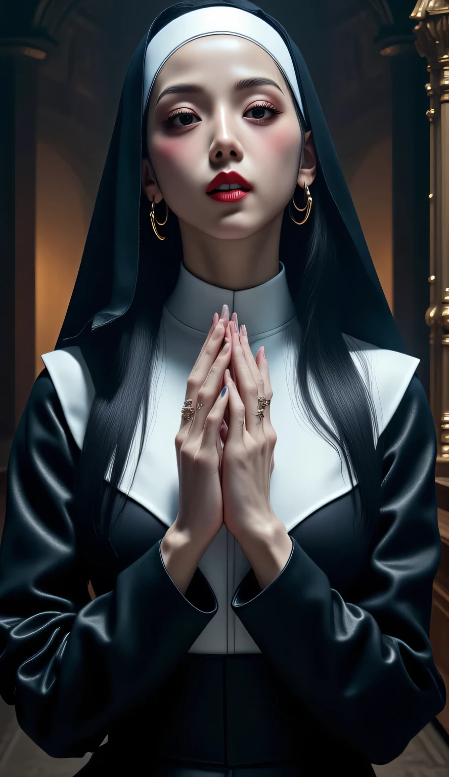  of a 25 year old woman,  sit on a front-facing seat, In the church ,  using nun's uniform, both hands squeezing chest ,  thick dark red lips ,  very detailed image quality .