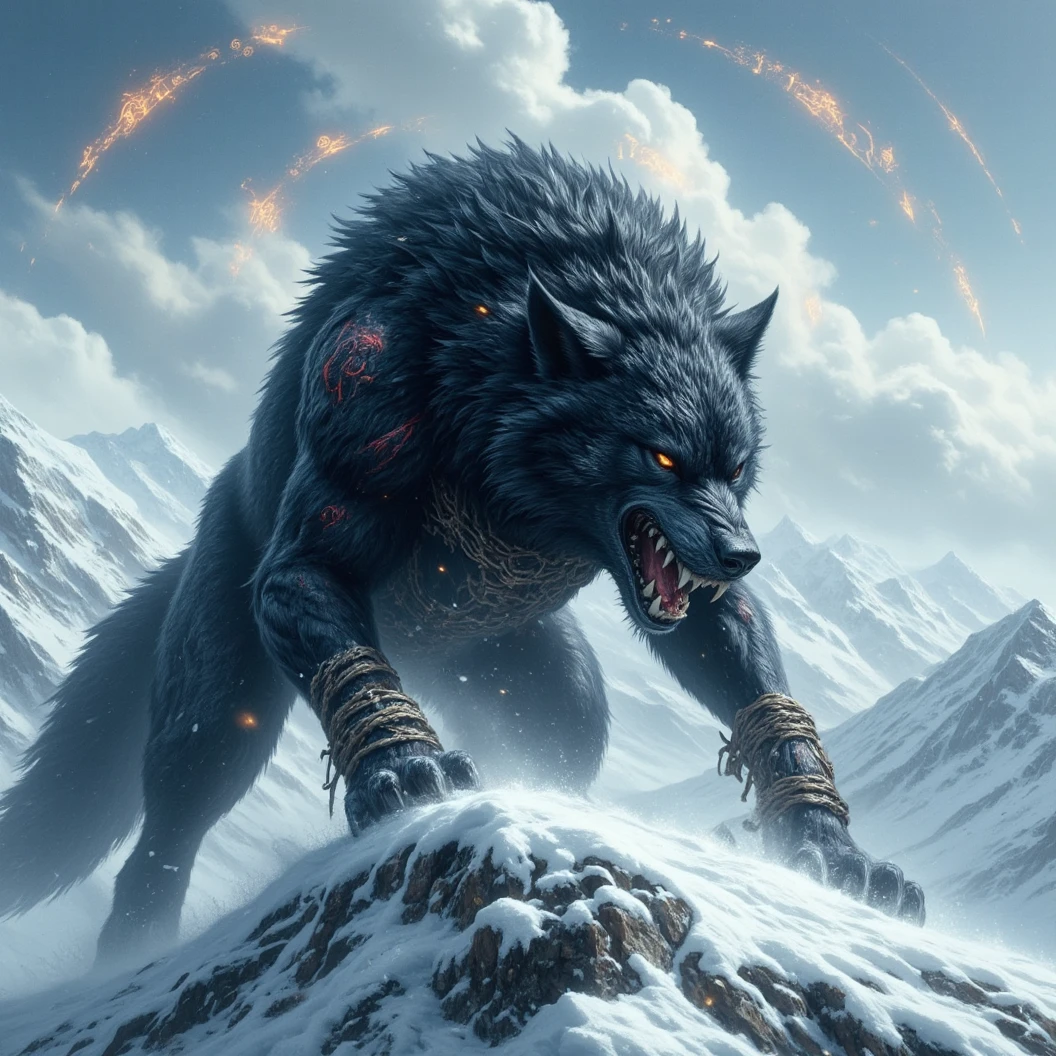 Ginormous black wolf sits like a guard at the peak of a snow covered mountain, looking over a snowfilled valley. Facing viewer. Roaring ferociously in to the valley below his snow covered peak. The wolf snarling and his eyes are fiery. His pelt is scarred and his body is wrapped in chains. A blizzard wails around him, blowing his thick black fur. Snow falling fast and being blown around. Fiery Norse runes appear in the sky behind him. The name "Cajun Fenrir" sketched in fiery letters between the runes in the sky. Dynamic movement, dynamic posing, High Resolution, Masterpiece, Cinematic, Depth Of Field, Image Fill, Floating particles 